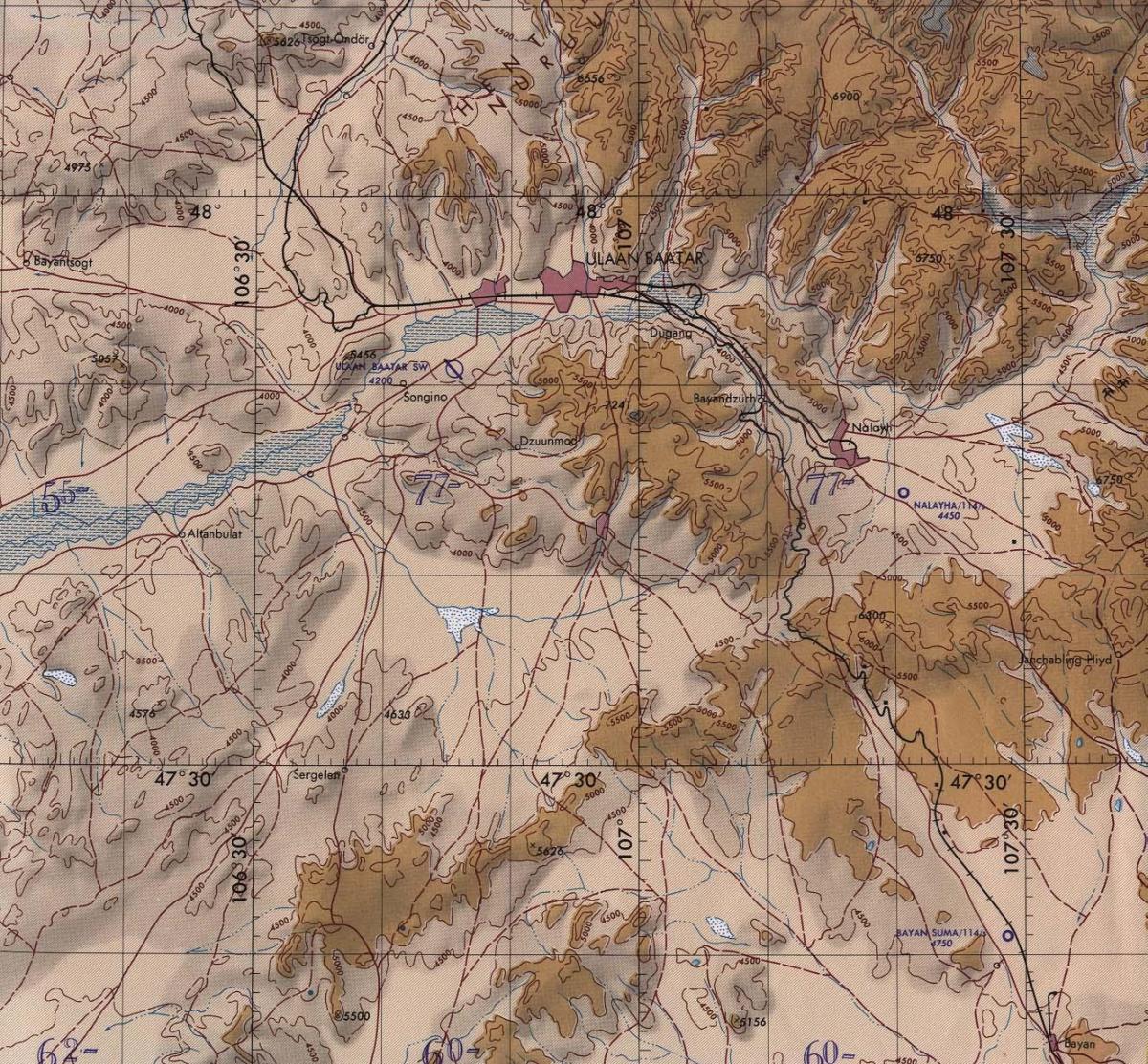 kaart Mongoolia topograafiline